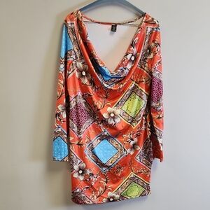 SHEIN Multicolor Floral Geometric Cowl Neck Tunic